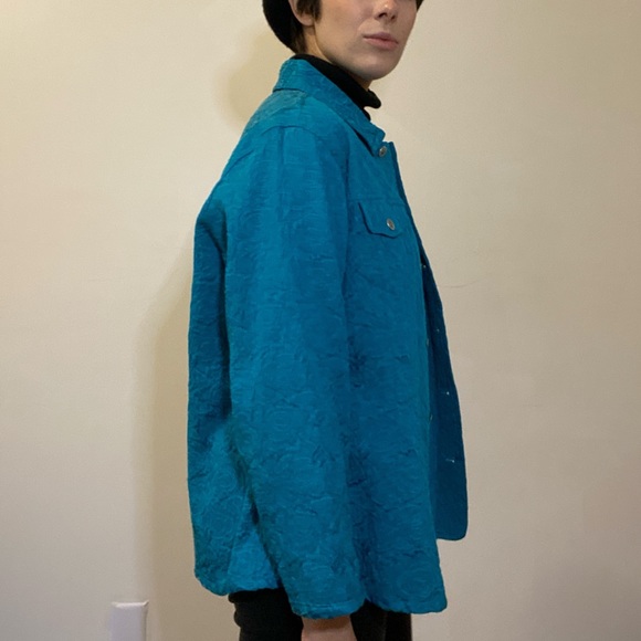 Peacock Blue Rose Printed 90s Jacket - Picture 2 of 7